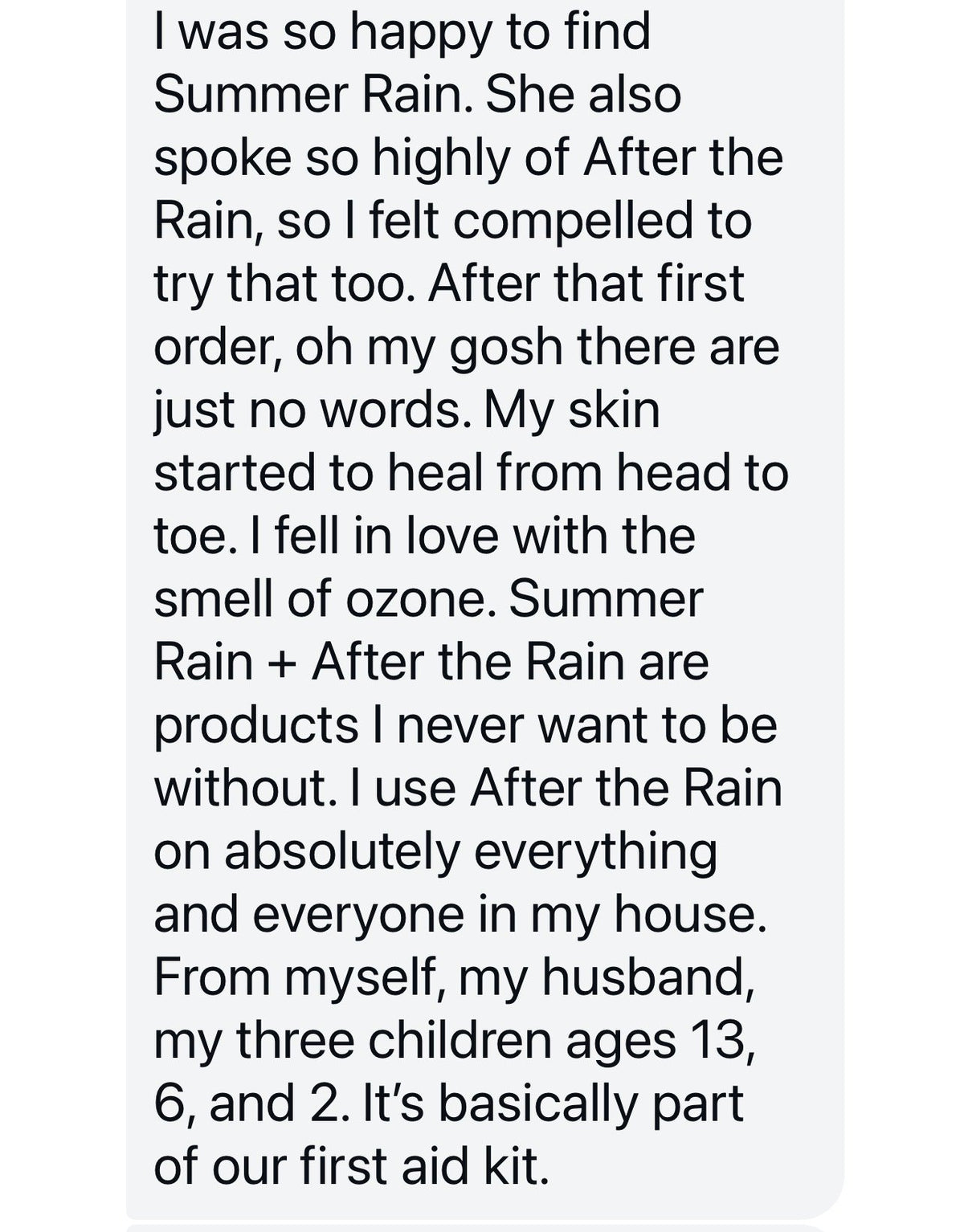 A text screenshot describing the smell of ozone and summer rain