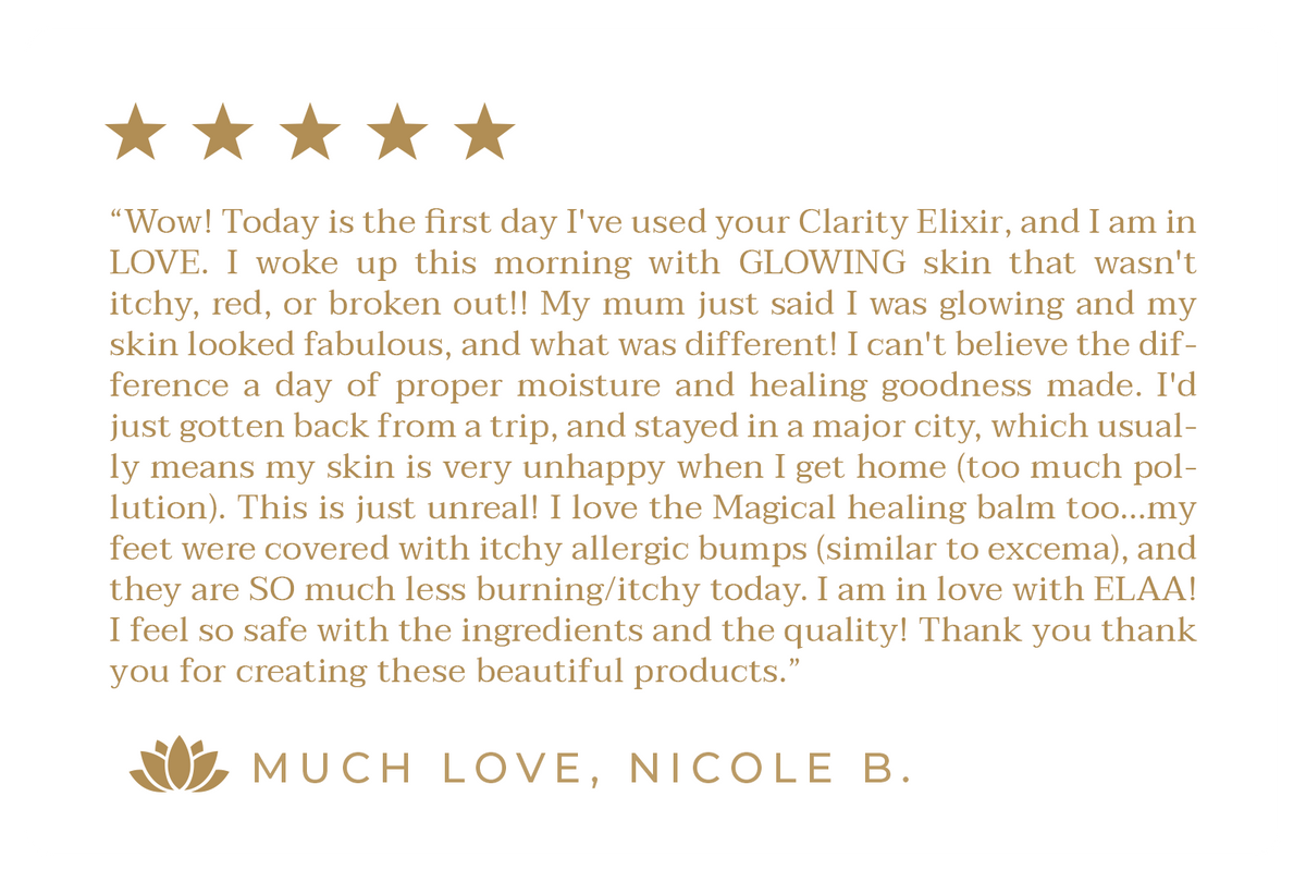 Customer review with five gold stars praising an Elaa skincare product