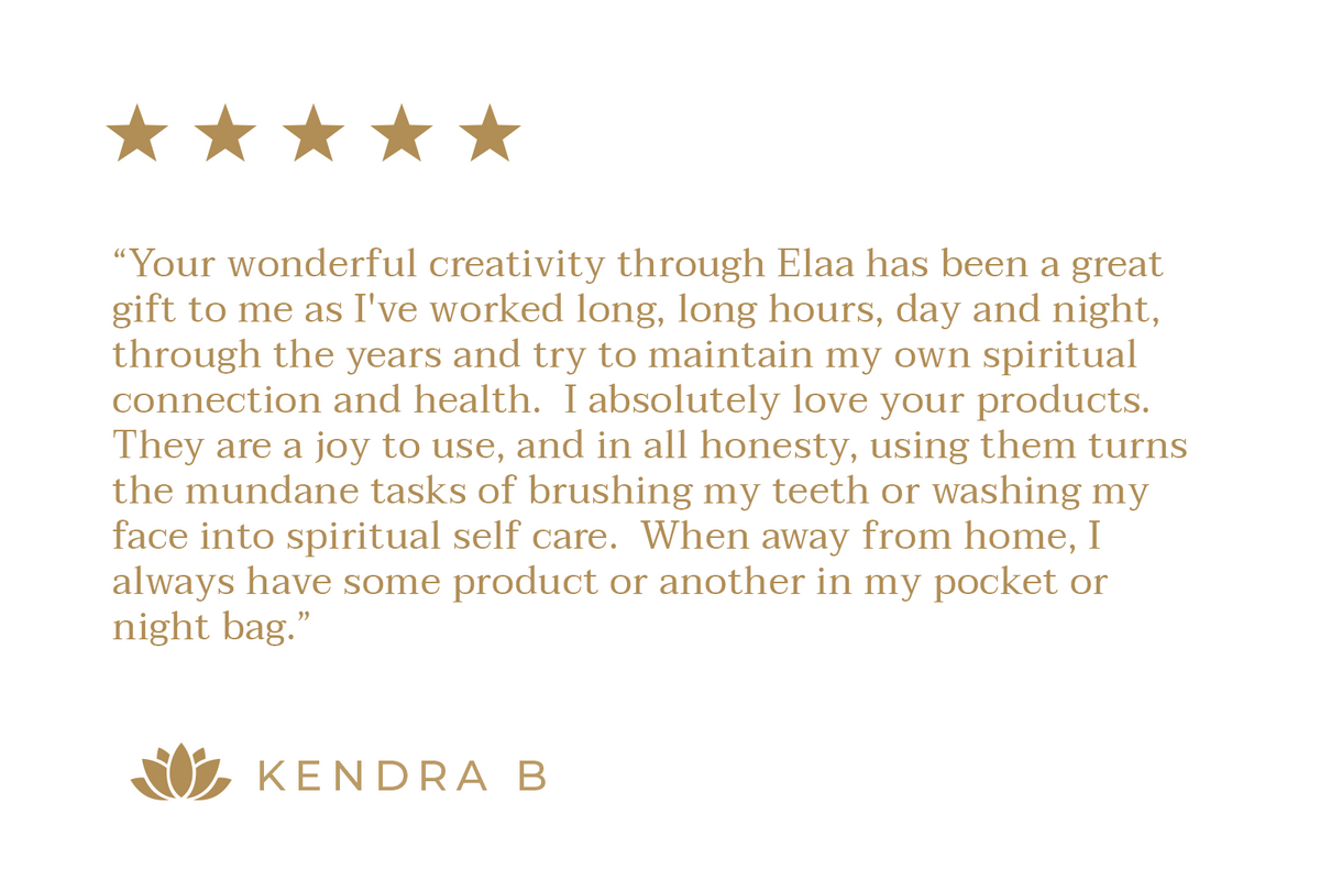 Customer testimonial with five gold stars and a lotus flower logo