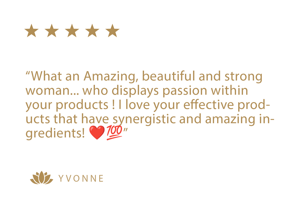 Customer testimonial with five gold stars praising Yaelle's passion and effective products