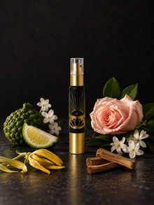 ELAA Essential Oil Perfume Oil — bottle arranged with botanicals