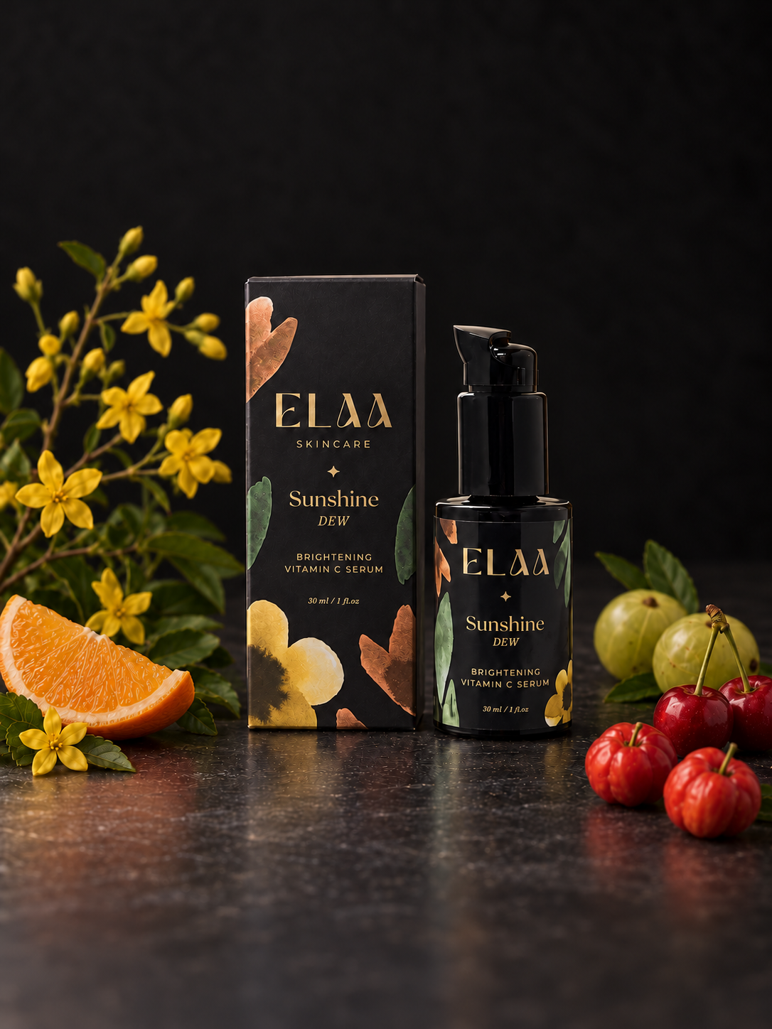 ELAA Sunshine Dew serum and carton with flowers and fruits on a flat dark surface