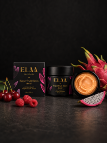 ELAA Superfruit Siren mask with carton, orange mask texture, cherries, raspberries and dragon fruit.