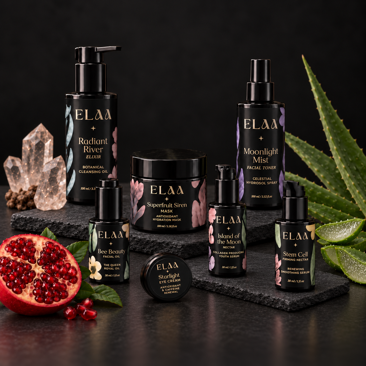 ELAA Timeless 40+ Ritual product ritual arranged on dark slate with softly lit packaging