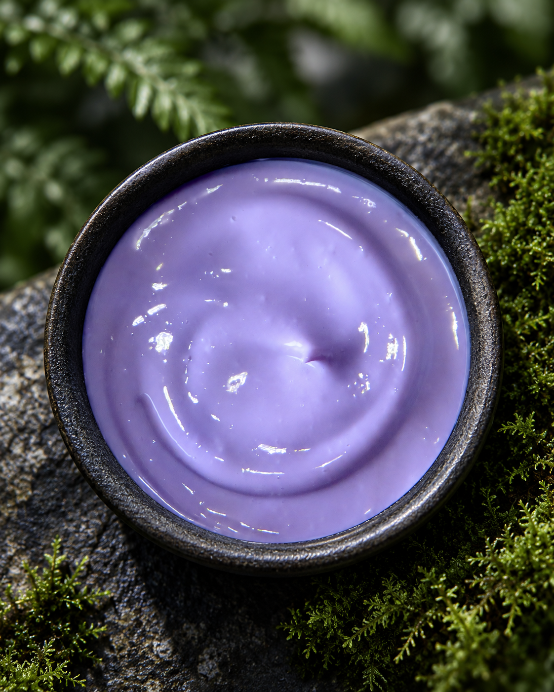 Lavender Superfood Dream Cream in a charcoal bowl on stone beside moss.