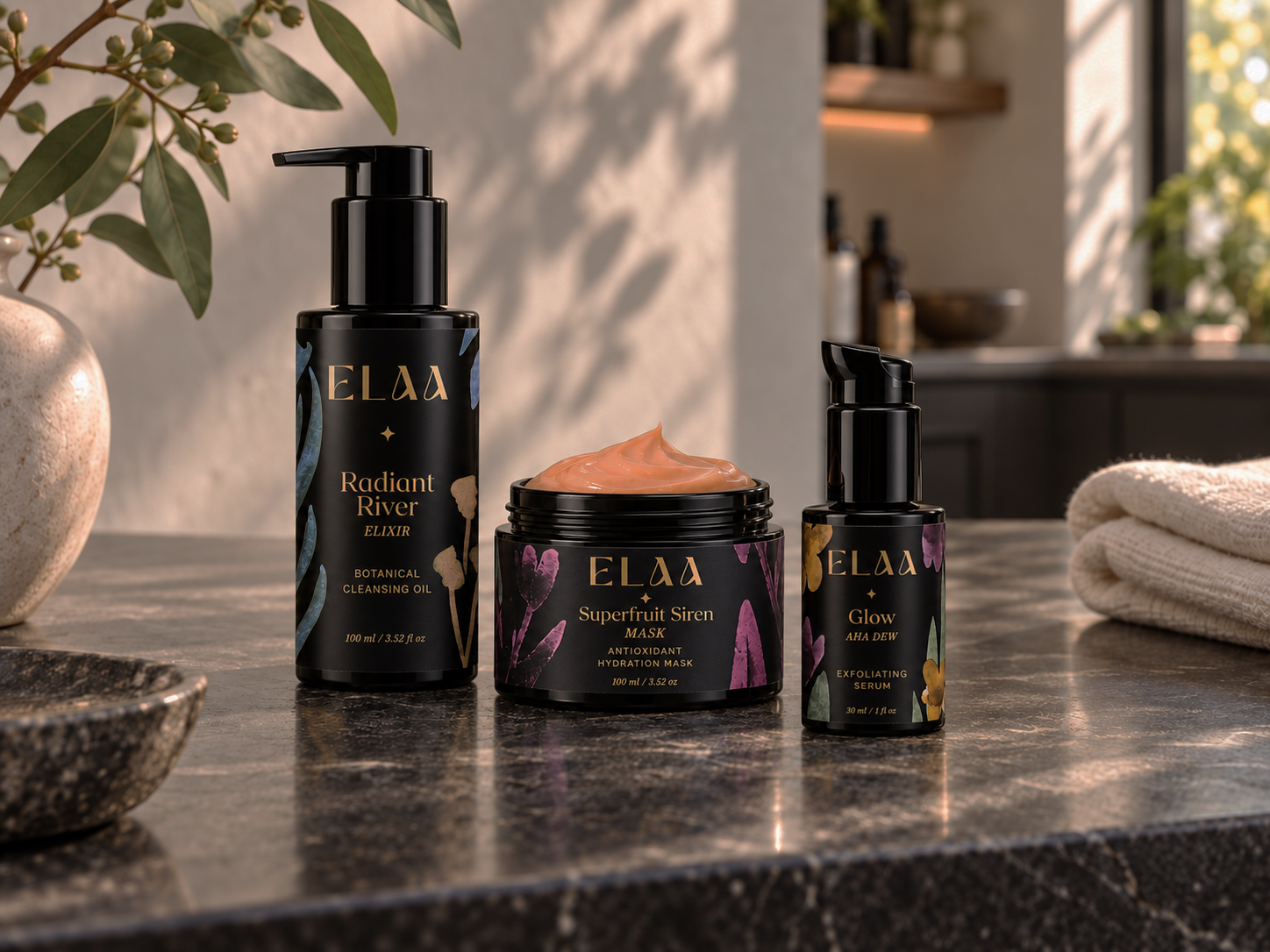 Radiant River cleansing oil, an open Superfruit Siren Mask and Glow AHA Dew displayed in natural light on a skincare counter.